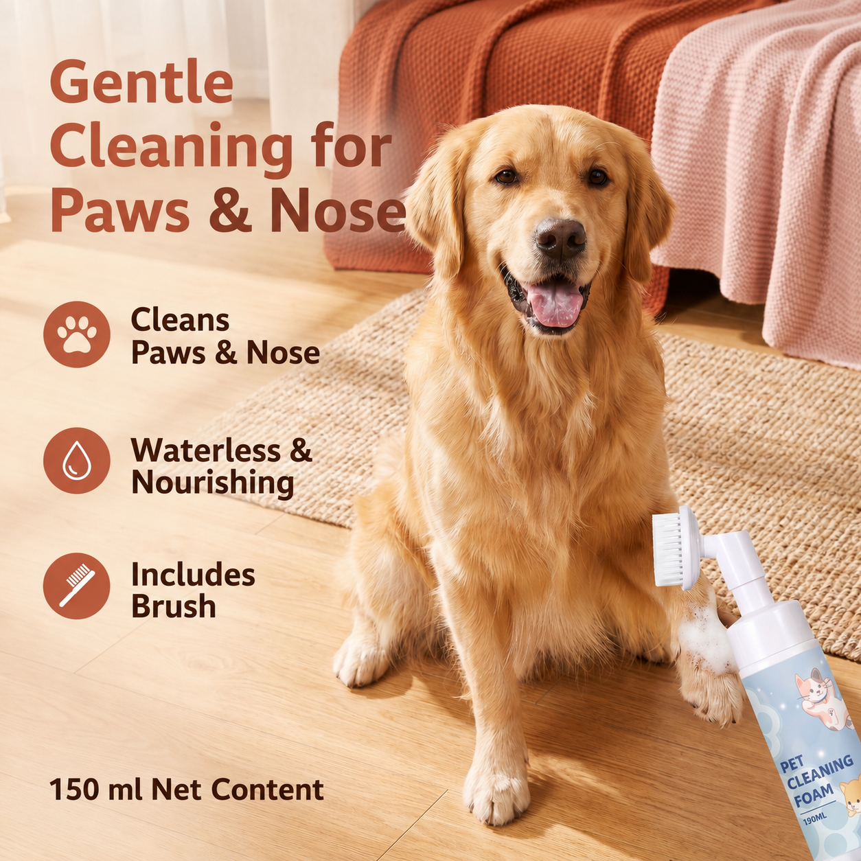 Waterless & Gentle Paw Cleaning Foam with Brush for Dogs
