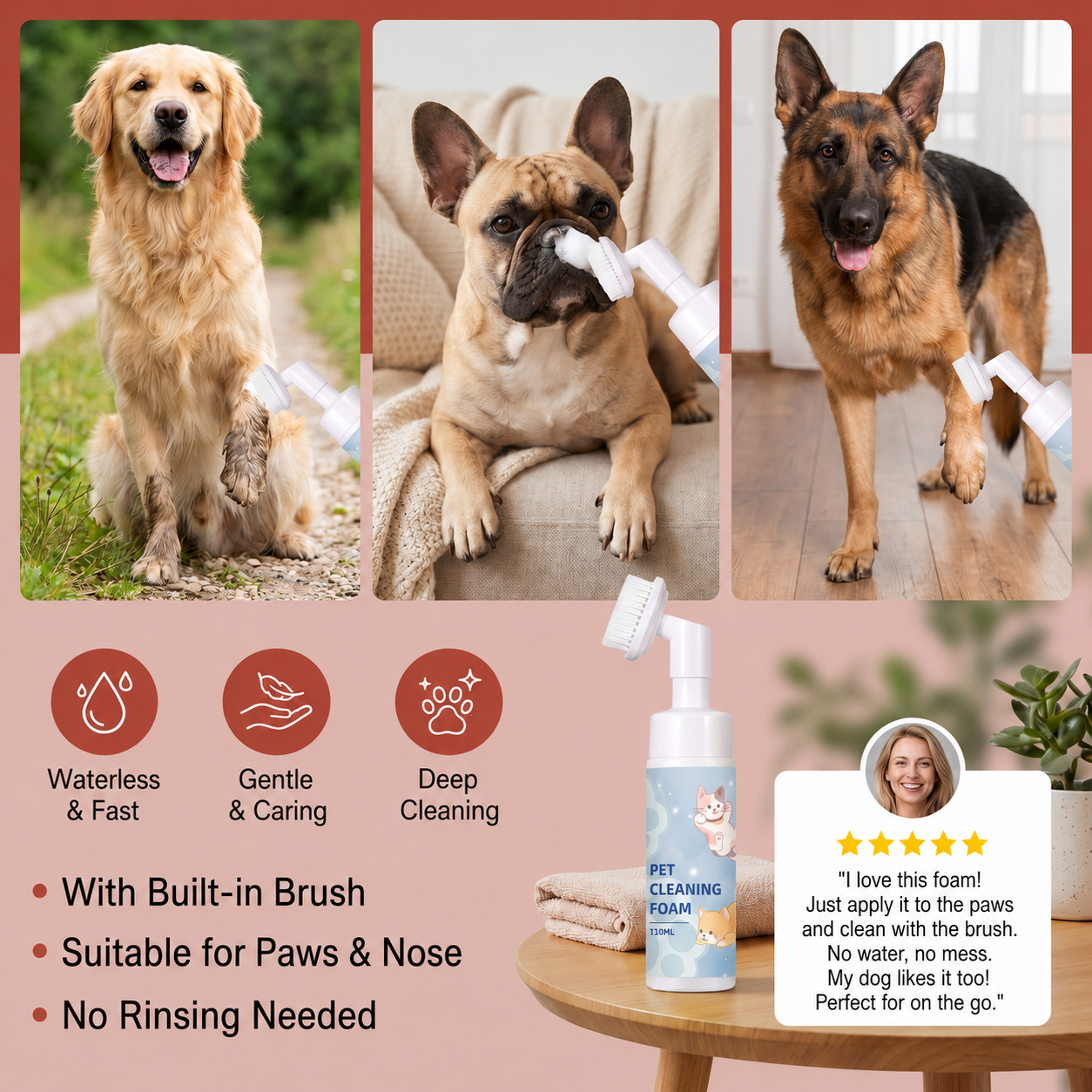Waterless & Gentle Paw Cleaning Foam with Brush for Dogs