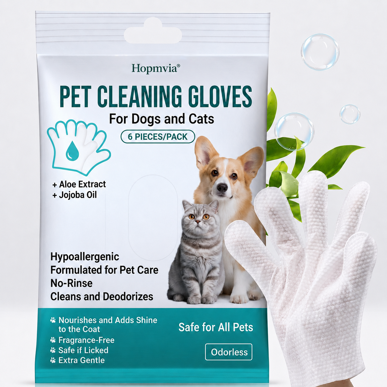 Hopmvia® No-Rinse Cleansing Gloves for Dogs and Cats