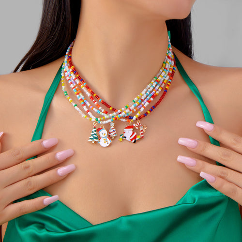 Christmas Cartoon Santa Bell Snowman Snowflake Pendant Colorful Seed Bead Necklace for Women