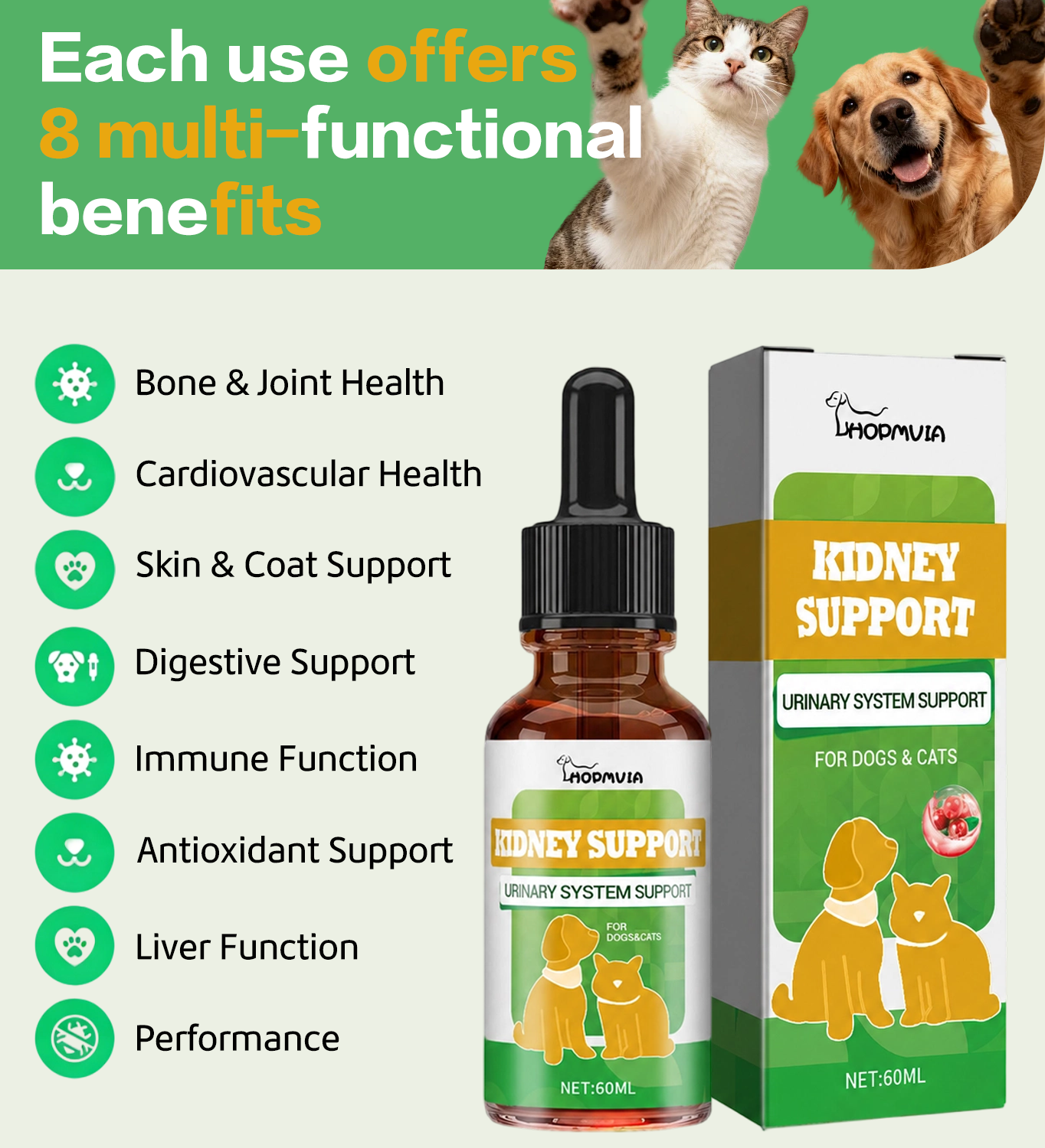 Hopmvia™Pet nutritional supplements to boost energy and vitality; pet body care supporting hip, joint, skin, and coat health—suitable for puppies and senior dogs.