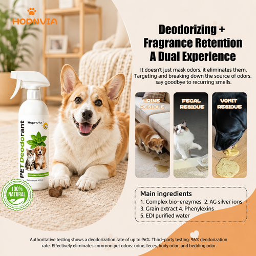 Hopmvia®A safety-grade deodorizing spray that eliminates odors instantly, provides long-lasting freshness, and is safe for contact with pets.