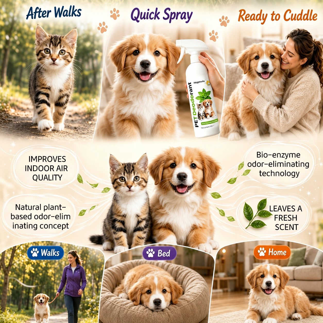 Hopmvia®A safety-grade deodorizing spray that eliminates odors instantly, provides long-lasting freshness, and is safe for contact with pets.